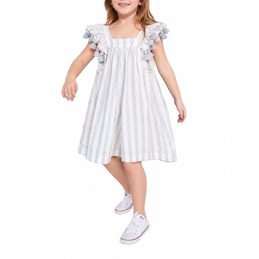Roller Rabbit Girls Blue White Striped Tassel Flutter Sleeve Cotton Dress Size 6